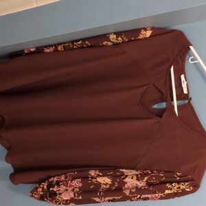 Maurices Brown Top with Floral Sleeves